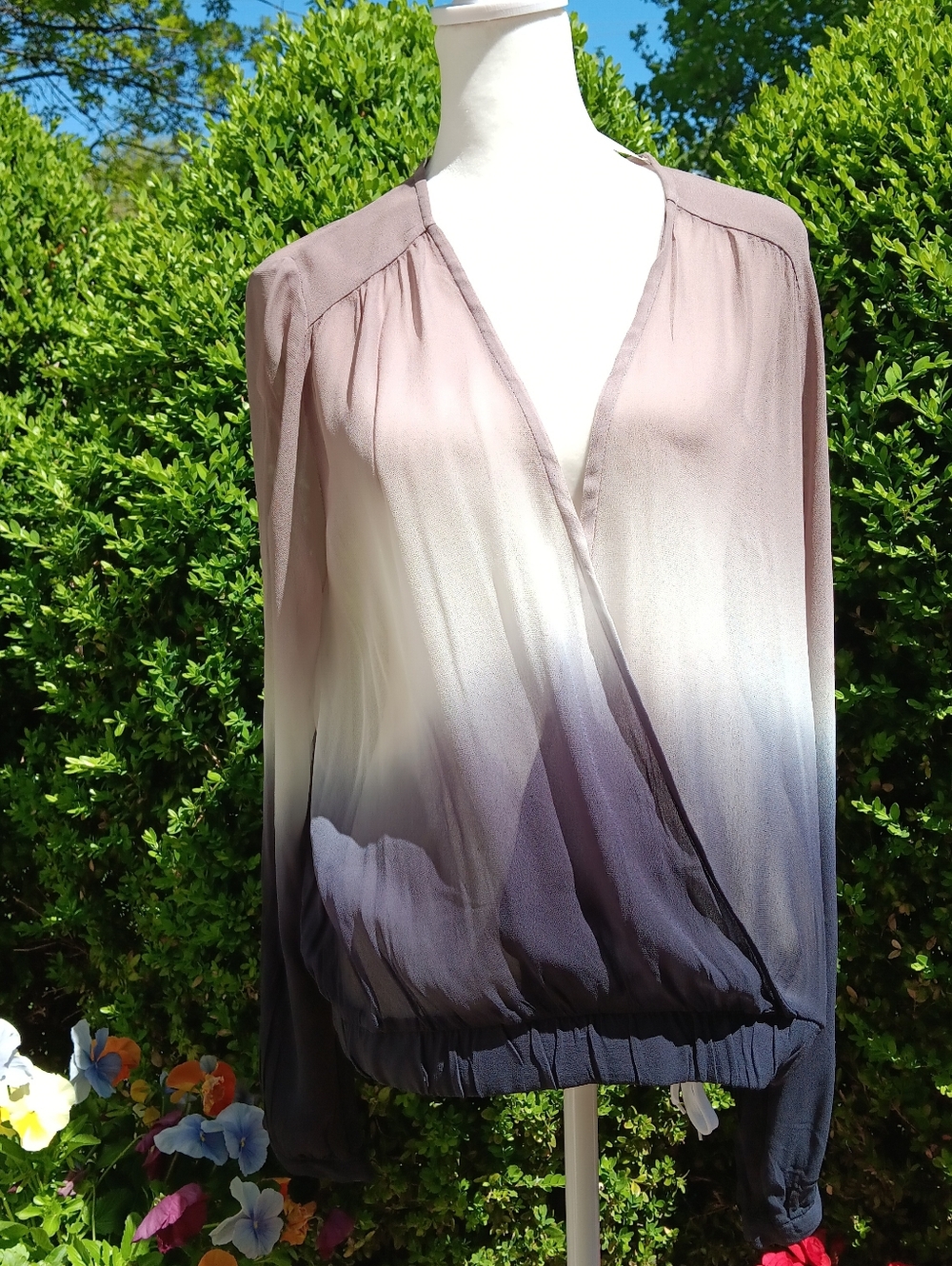 Women’s Ombre Long-Sleeve Surplice Blouse - Taupe to Black